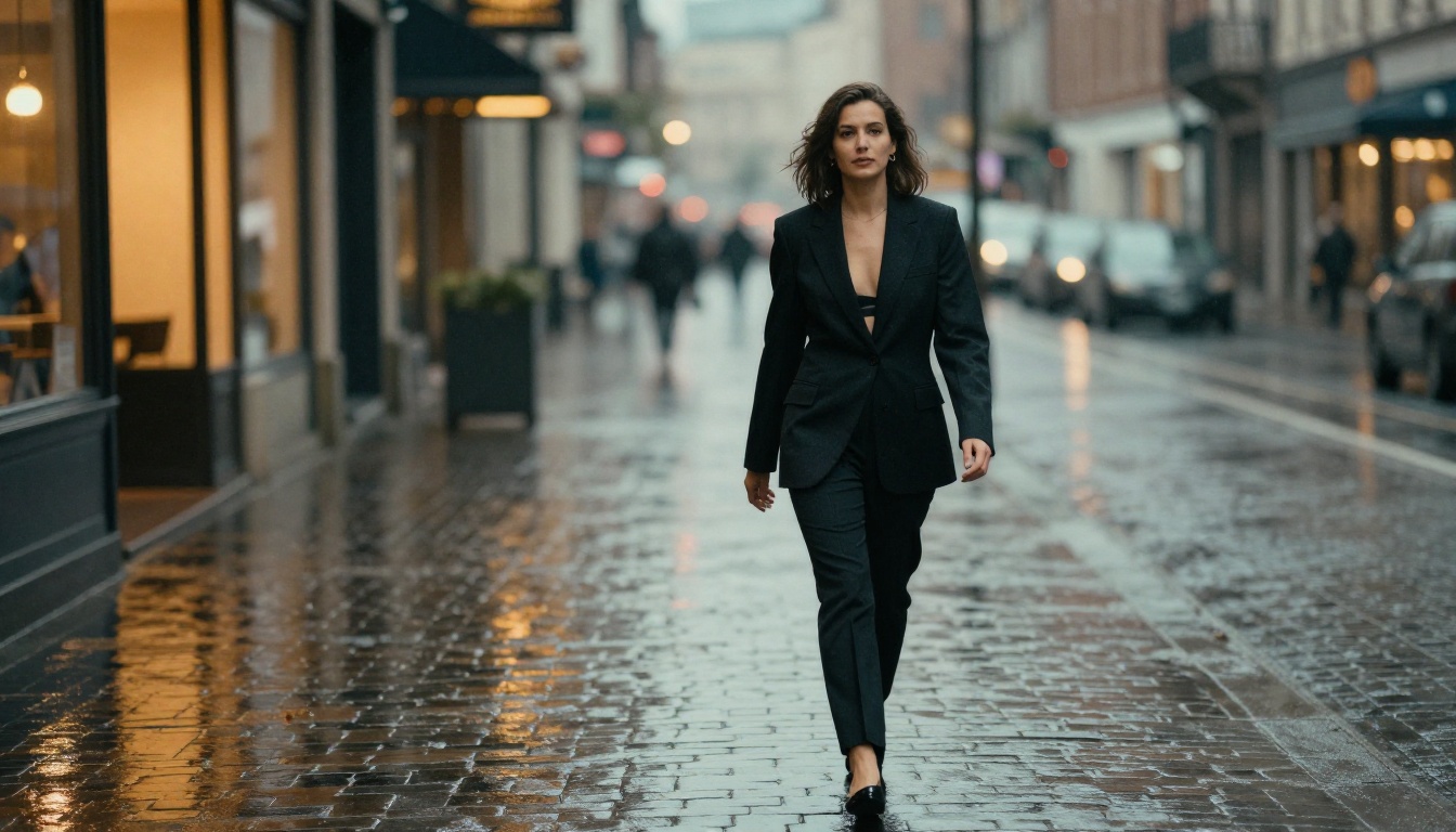 Confident woman walking through rain-slicked city street at dusk Confident woman walking through rain-slicked city street at dusk