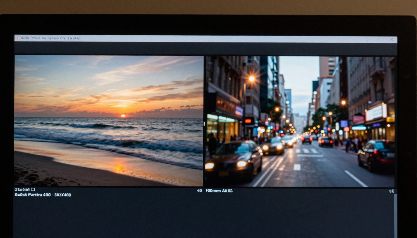 Monitor screen showing side-by-side video frame comparison with cinematic scenes Monitor screen showing side-by-side video frame comparison with cinematic scenes