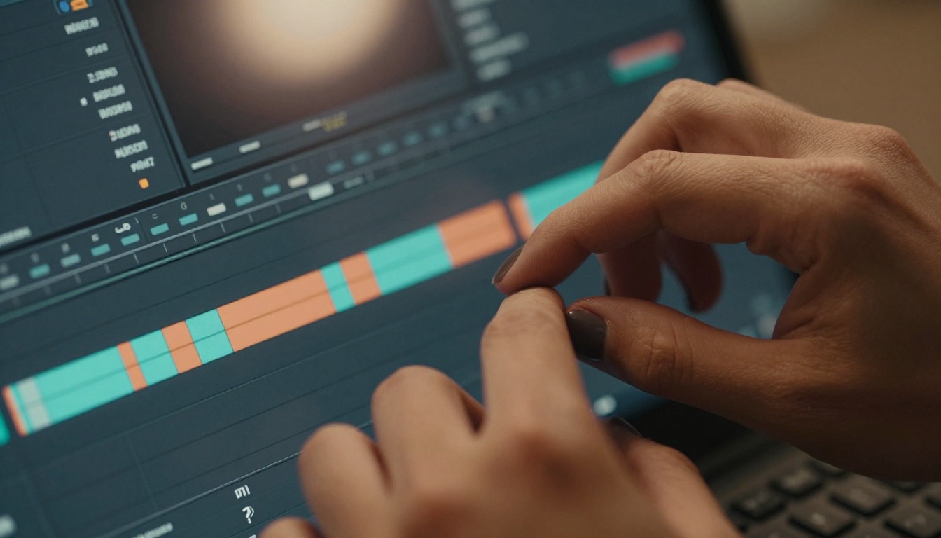 A professional video creator navigating a multi-track editing timeline, colorful clip segments on a dark charcoal interface, warm directional lamp light