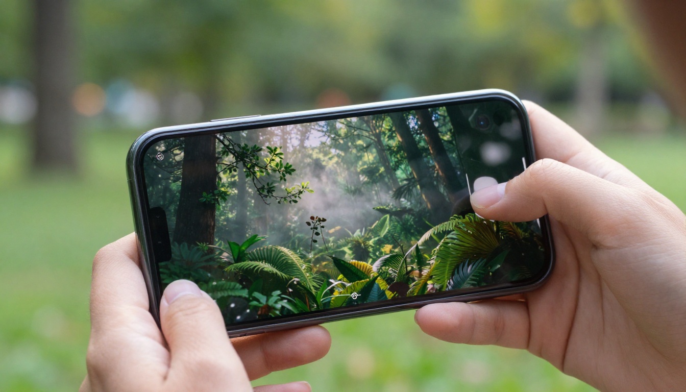 Smartphone showing AI forest video in outdoor park setting Smartphone showing AI forest video in outdoor park setting