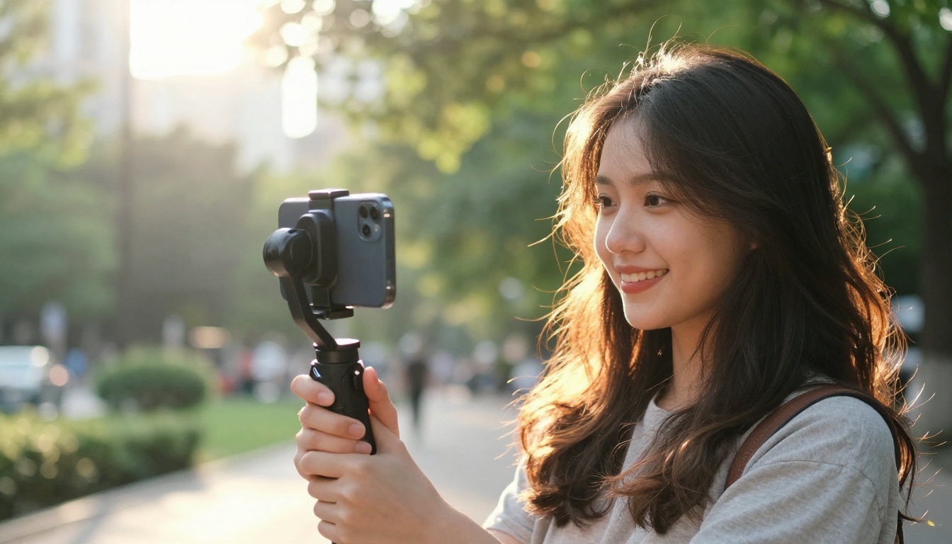 Young woman filming herself outdoors with smartphone gimbal at golden hour in a park