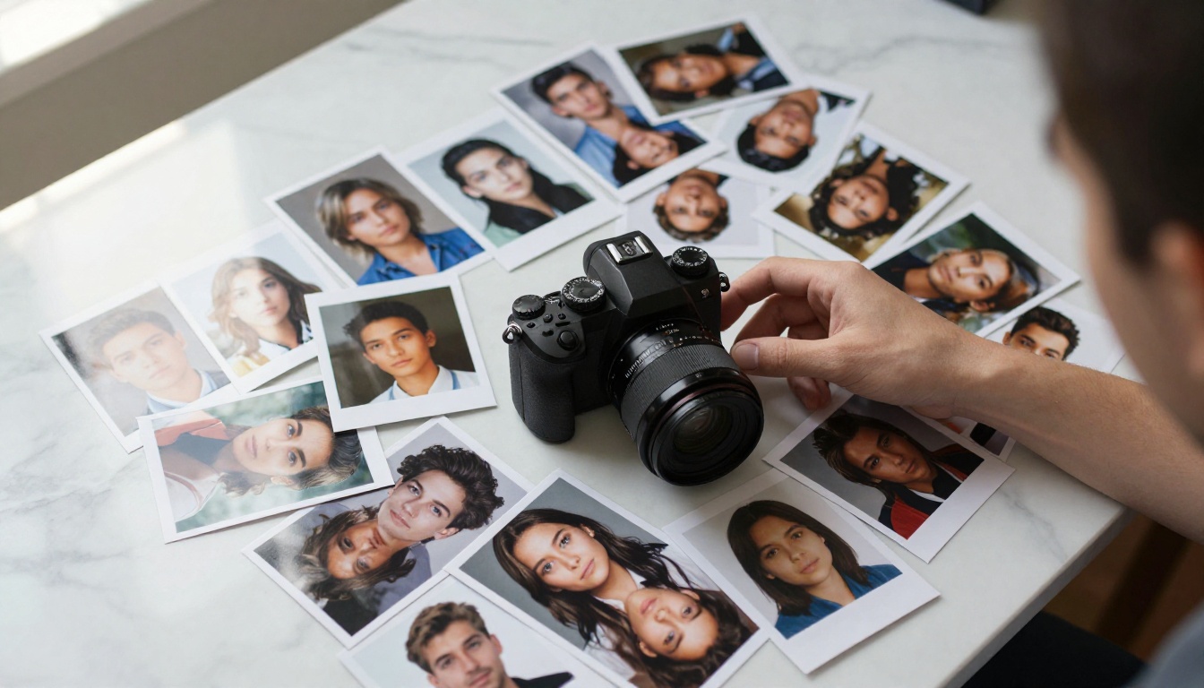Multiple printed portrait reference photos arranged on a marble desk with a mirrorless camera, filmmaker's hands selecting images to use as multi-image input for AI video generation Multiple printed portrait reference photos arranged on a marble desk with a mirrorless camera, filmmaker's hands selecting images to use as multi-image input for AI video generation