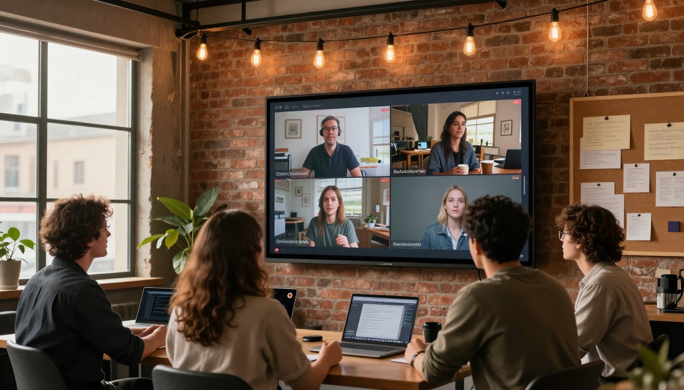 Creative team gathered around a monitor with AI video comparison chart Creative team gathered around a monitor with AI video comparison chart