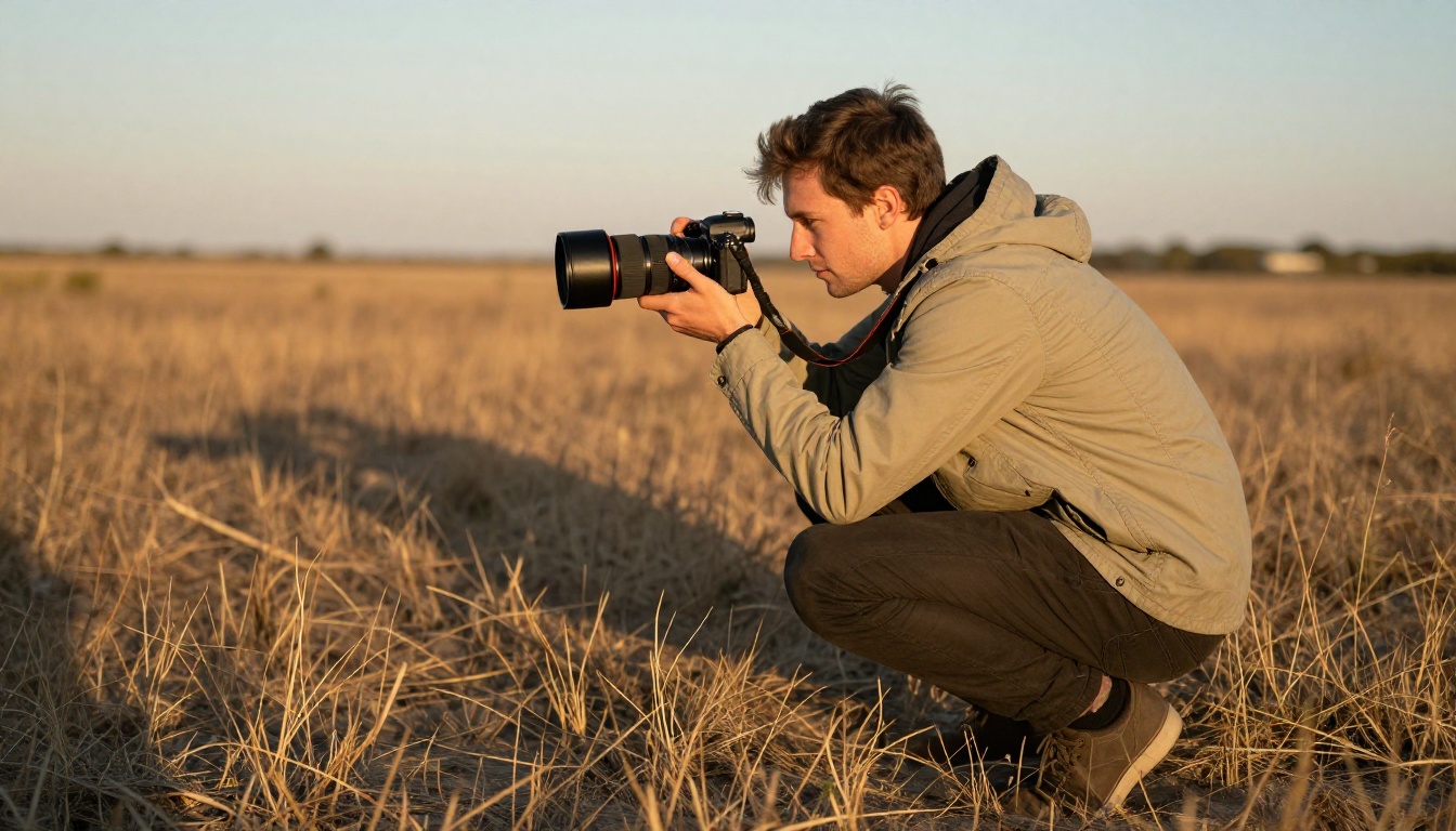 A male videographer crouching at golden hour, framing a landscape shot with a telephoto lens, amber light casting long directional shadows