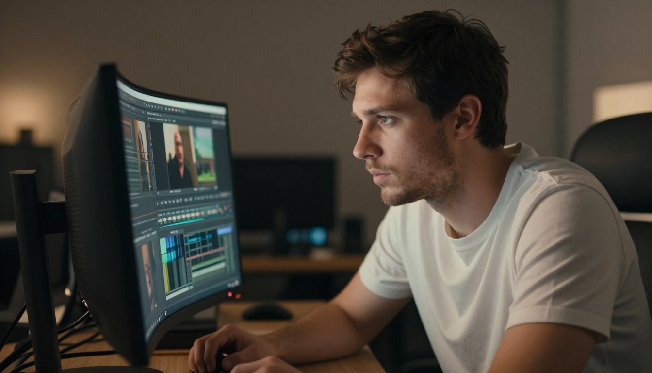 Video editor in his late 20s reviewing footage intently at professional editing suite Video editor in his late 20s reviewing footage intently at professional editing suite