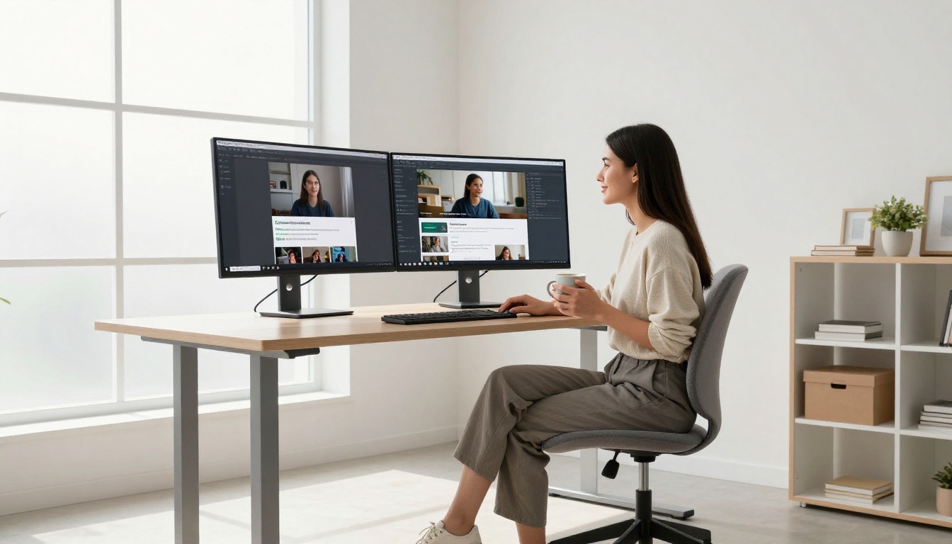 Woman at standing desk smiling at AI video platform Woman at standing desk smiling at AI video platform