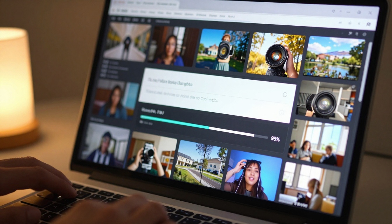 Close-up of laptop screen showing AI video generation interface with progress bar and video thumbnails