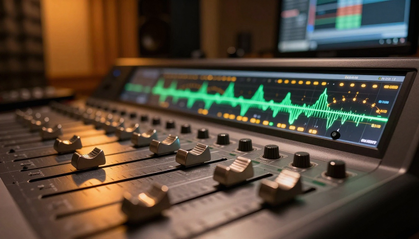 Close-up of a professional audio mixing console with illuminated VU meters and waveform LEDs, reflecting the audio sync capabilities needed for AI video generation with Seedance 2.0 Close-up of a professional audio mixing console with illuminated VU meters and waveform LEDs, reflecting the audio sync capabilities needed for AI video generation with Seedance 2.0