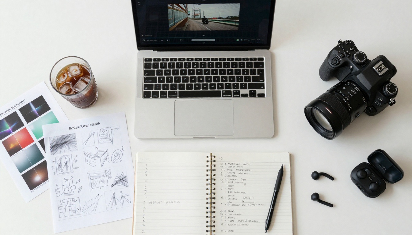 Aerial flat-lay overhead view of a video creator's desk with laptop, DSLR camera, storyboard sketches, iced coffee, and notebook with shot list