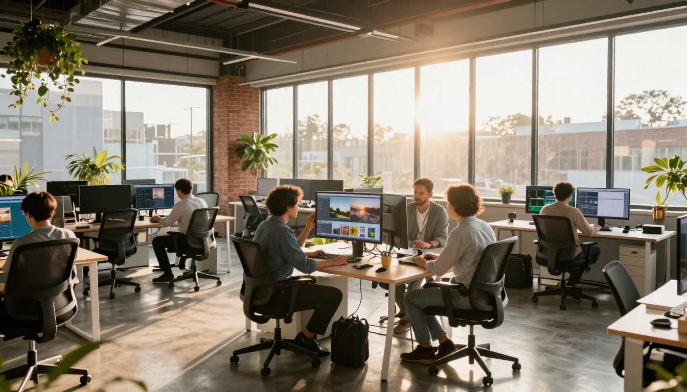 Diverse creative team of three collaborating around a shared monitor in a bright office Diverse creative team of three collaborating around a shared monitor in a bright office