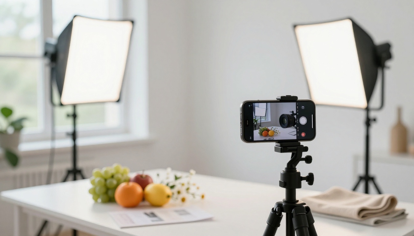 Professional content studio setup with LED lights, smartphone on tripod, and lifestyle product flat-lay