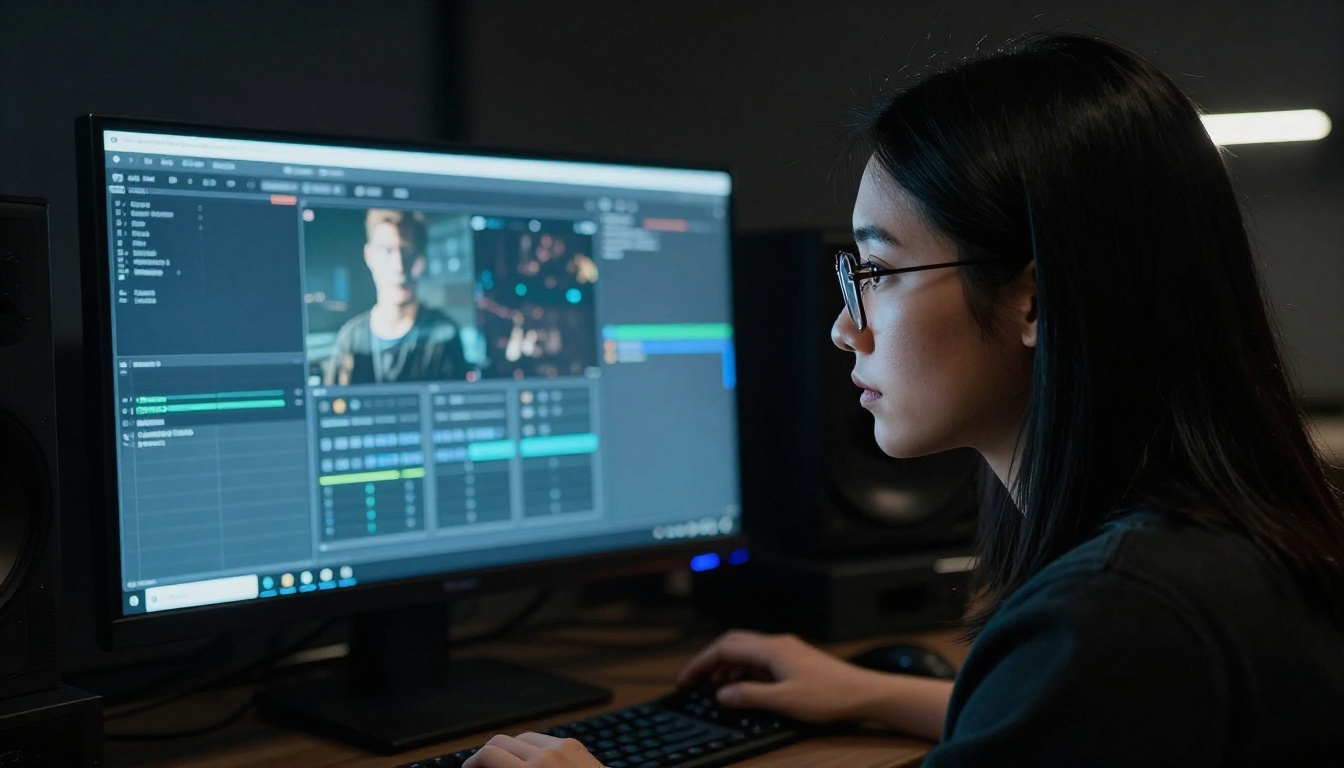 Side profile of a young woman with glasses reviewing video playback on a studio monitor, blue screen glow illuminating half her face in a dark editing suite