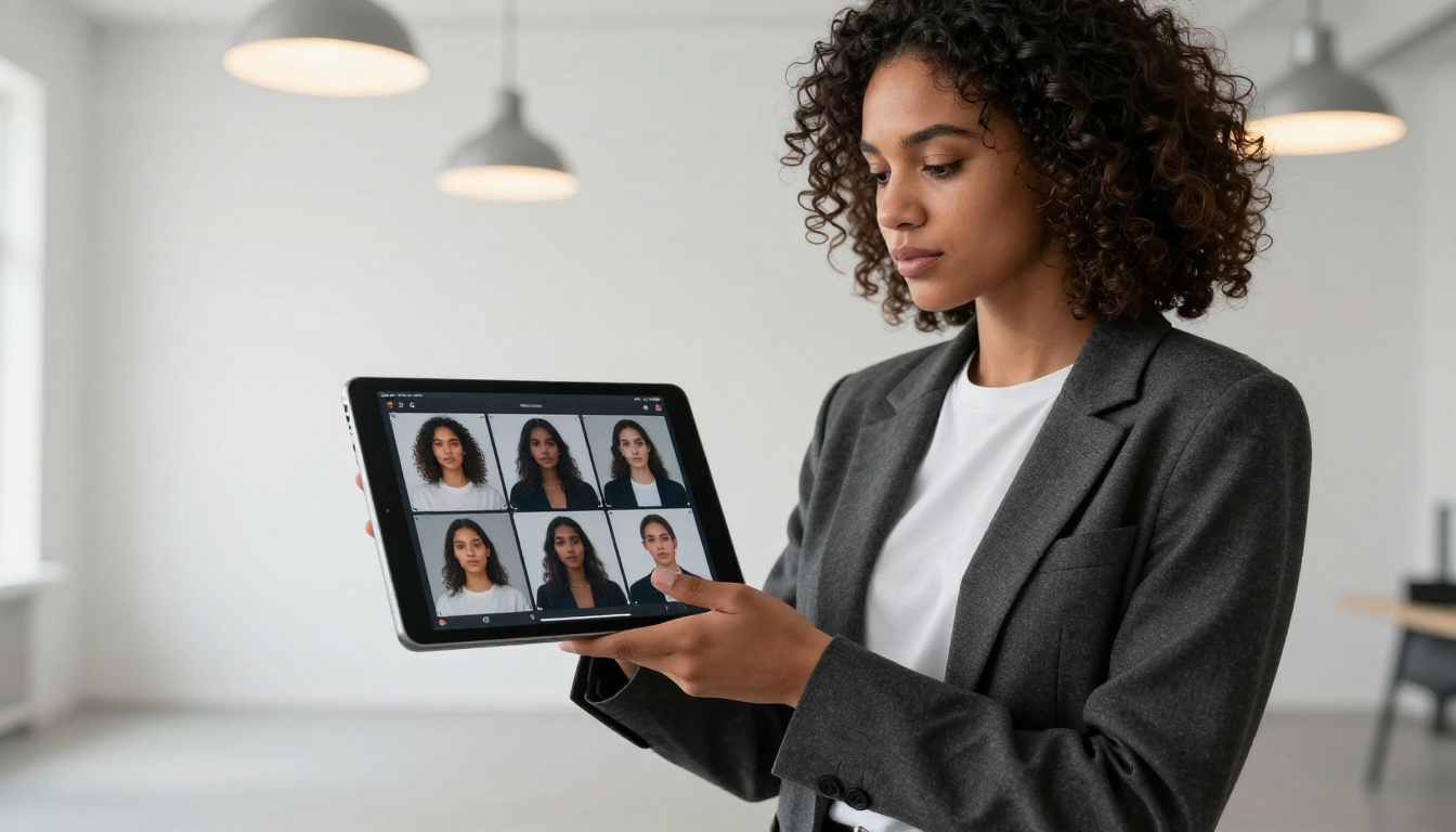 Young woman holding a tablet displaying a grid interface of six portrait reference images in a dark UI, standing in a minimalist white creative studio Young woman holding a tablet displaying a grid interface of six portrait reference images in a dark UI, standing in a minimalist white creative studio