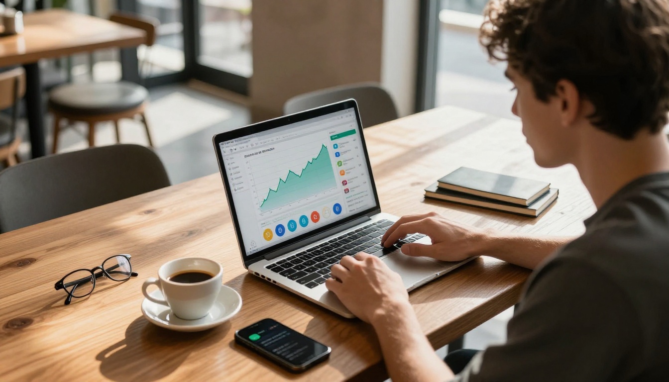 Young male creator at coffee shop table with social media analytics dashboard and espresso