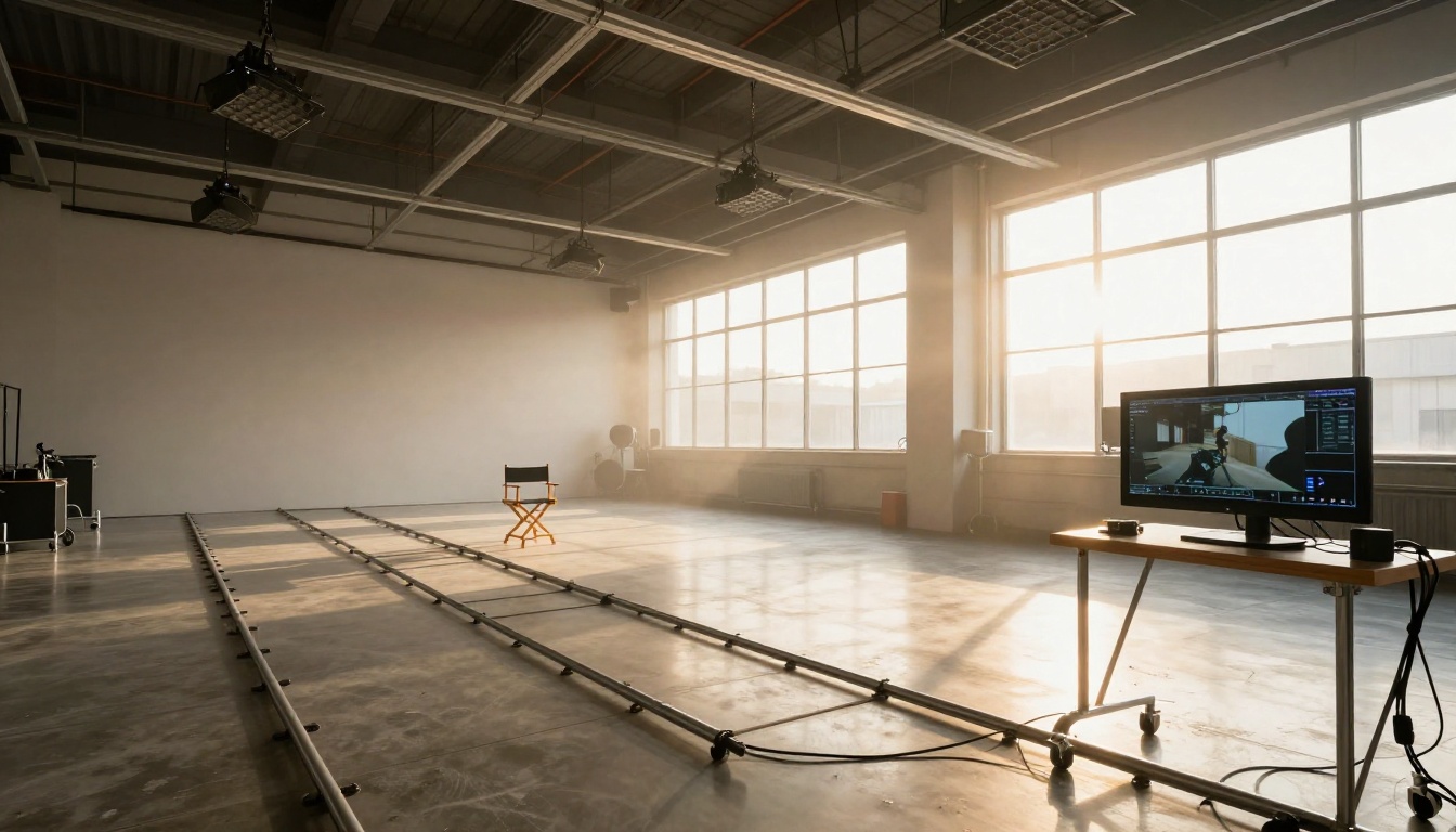 Wide shot of a professional video production studio interior, exposed metal trusses with softbox lights, dolly track on polished concrete, volumetric haze