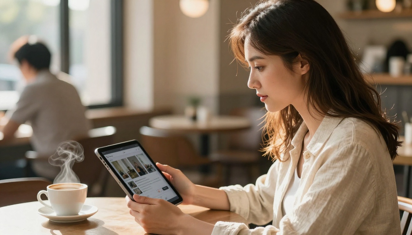 Stylish woman reviewing AI video generation on tablet in sunny cafe with coffee Stylish woman reviewing AI video generation on tablet in sunny cafe with coffee