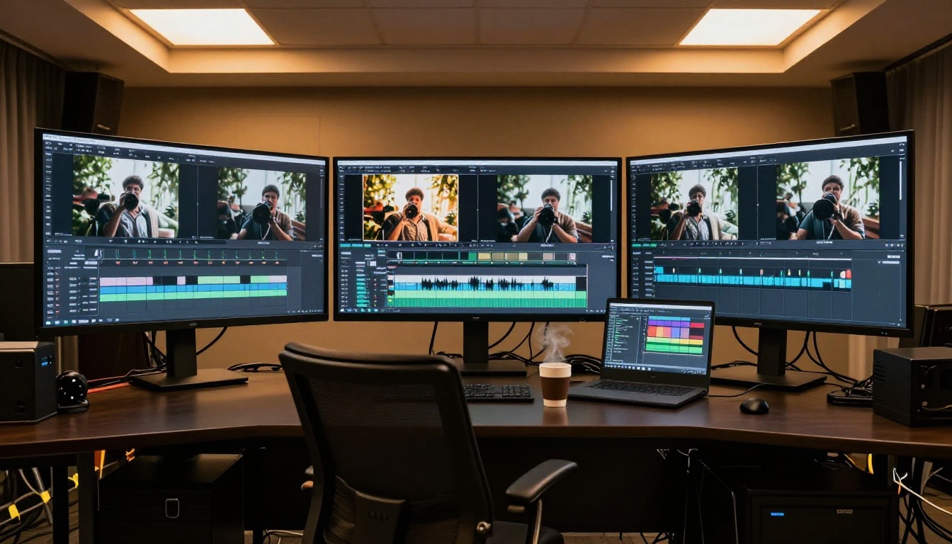 Wide shot of a professional video post-production suite with three curved monitors showing video frames being blended on a timeline interface, warm amber studio lighting Wide shot of a professional video post-production suite with three curved monitors showing video frames being blended on a timeline interface, warm amber studio lighting