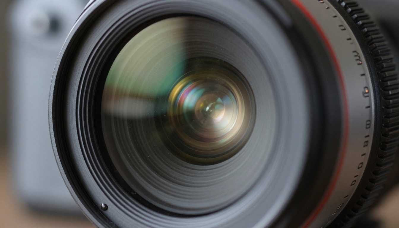 Extreme close-up of a cinema camera lens element, light refracting through glass elements, metallic barrel with engraved aperture markings, shallow macro depth of field Extreme close-up of a cinema camera lens element, light refracting through glass elements, metallic barrel with engraved aperture markings, shallow macro depth of field