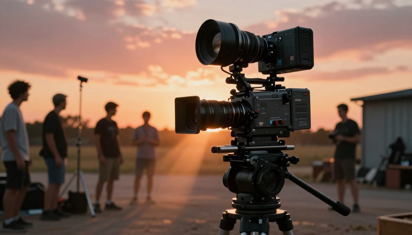 Cinematic film production set at golden hour with camera dolly in sharp focus and crew in background Cinematic film production set at golden hour with camera dolly in sharp focus and crew in background