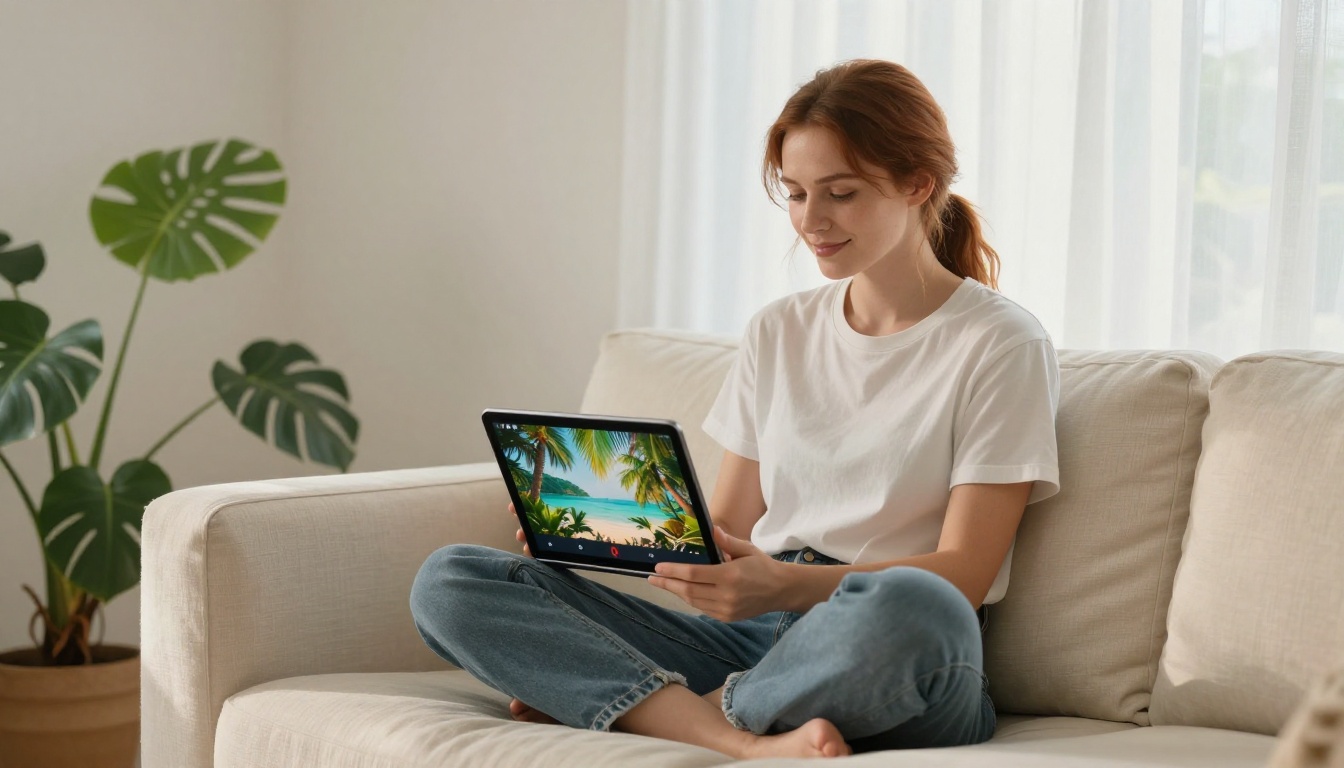 A content creator with auburn hair sitting cross-legged on a cream sofa, holding a tablet showing vibrant tropical video footage, soft afternoon light through sheer curtains A content creator with auburn hair sitting cross-legged on a cream sofa, holding a tablet showing vibrant tropical video footage, soft afternoon light through sheer curtains