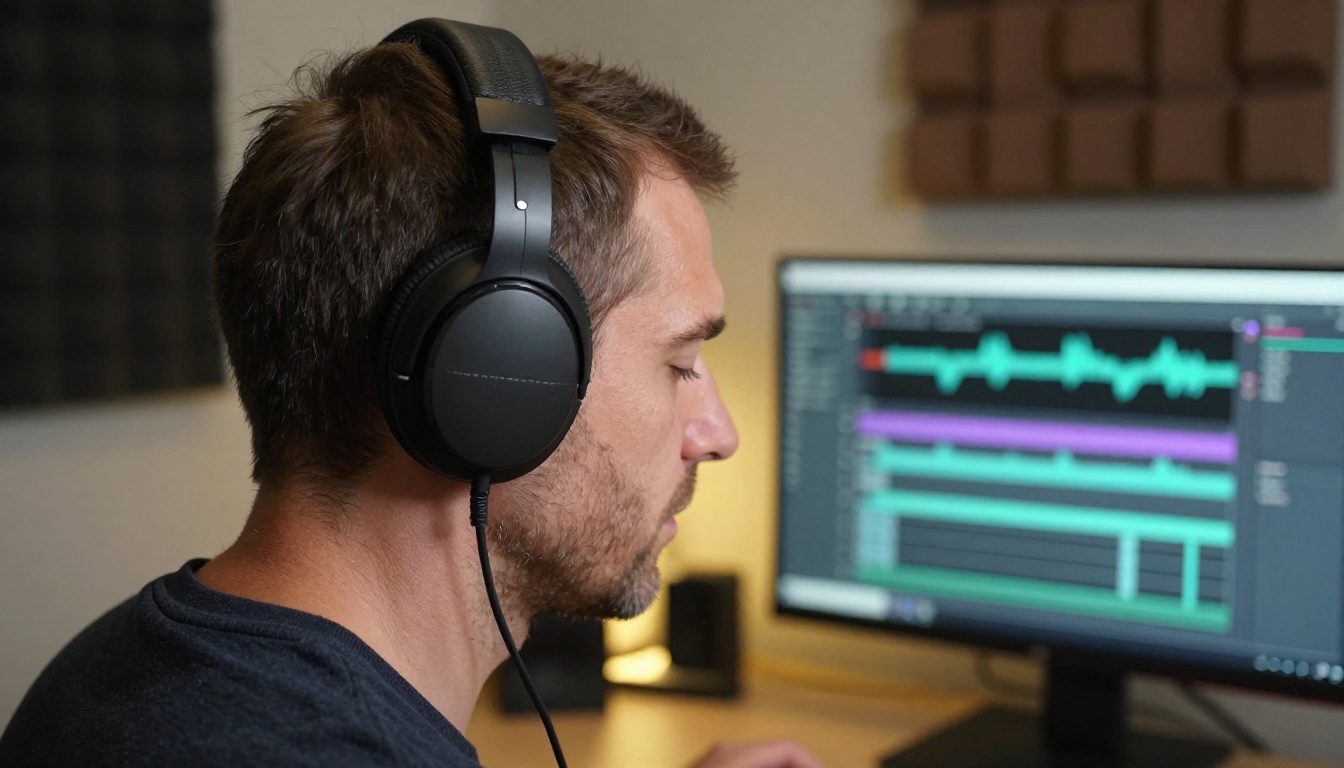 Side profile of a man with headphones sitting at a workstation, eyes closed in focused concentration, monitor behind him showing a synced audio waveform and video timeline Side profile of a man with headphones sitting at a workstation, eyes closed in focused concentration, monitor behind him showing a synced audio waveform and video timeline