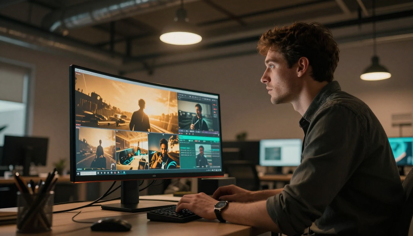 Dramatic low-angle view of a male video creator standing at a tall desk, monitor glowing warm amber and teal, industrial office space in background Dramatic low-angle view of a male video creator standing at a tall desk, monitor glowing warm amber and teal, industrial office space in background