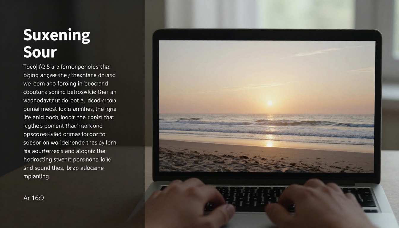 Split composition showing a minimal dark-themed text prompt interface on a laptop screen alongside a stunning AI-generated coastal sunrise video frame, hands on keyboard Split composition showing a minimal dark-themed text prompt interface on a laptop screen alongside a stunning AI-generated coastal sunrise video frame, hands on keyboard