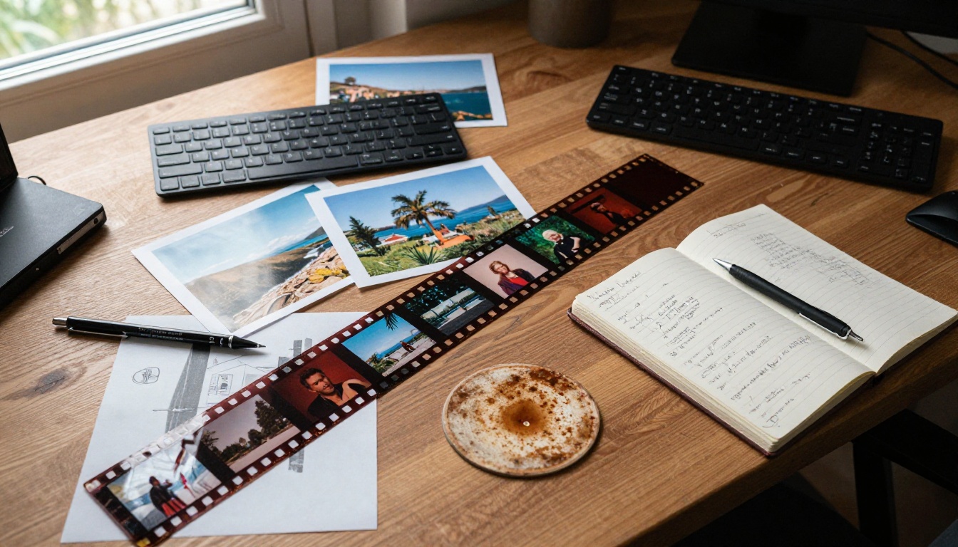 Bird's eye overhead view of a filmmaker's walnut wood desk with a 35mm film strip, scattered reference photos, a notebook with handwritten sketches, and an external hard drive