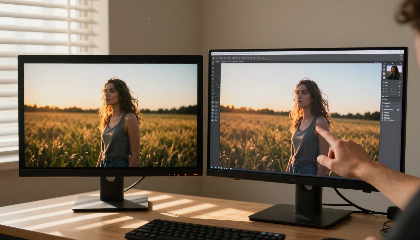 Two monitor screens side by side, the left showing an original golden-hour photograph of a woman, the right showing the AI-generated video frame derived from that photo with natural motion blur