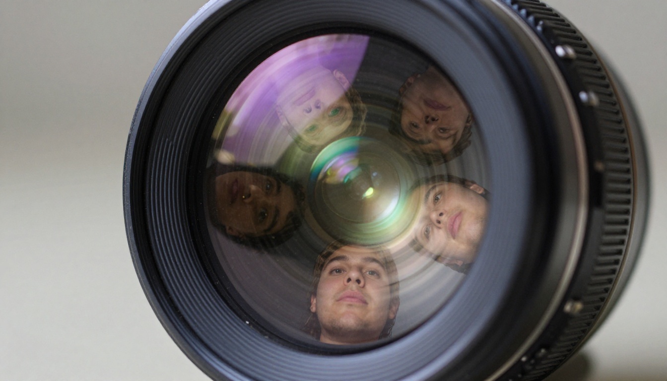 Extreme macro close-up of a professional camera lens front element reflecting three distorted human face portraits in its multicoated glass surface, symbolizing multi-reference video generation