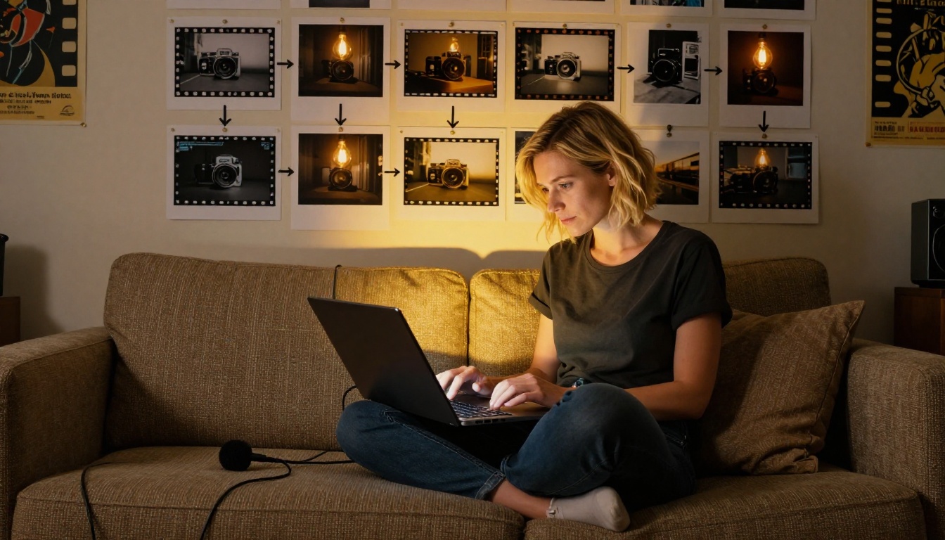 Atmospheric evening studio shot of a woman with short blonde hair sitting cross-legged on a couch with a laptop showing a video generation interface, surrounded by reference frames pinned to a cork board