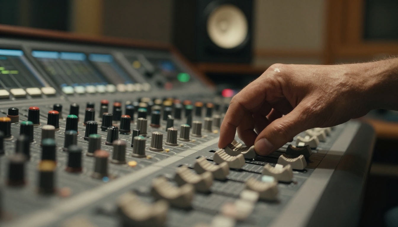 Sound engineer adjusting mixing board in recording studio