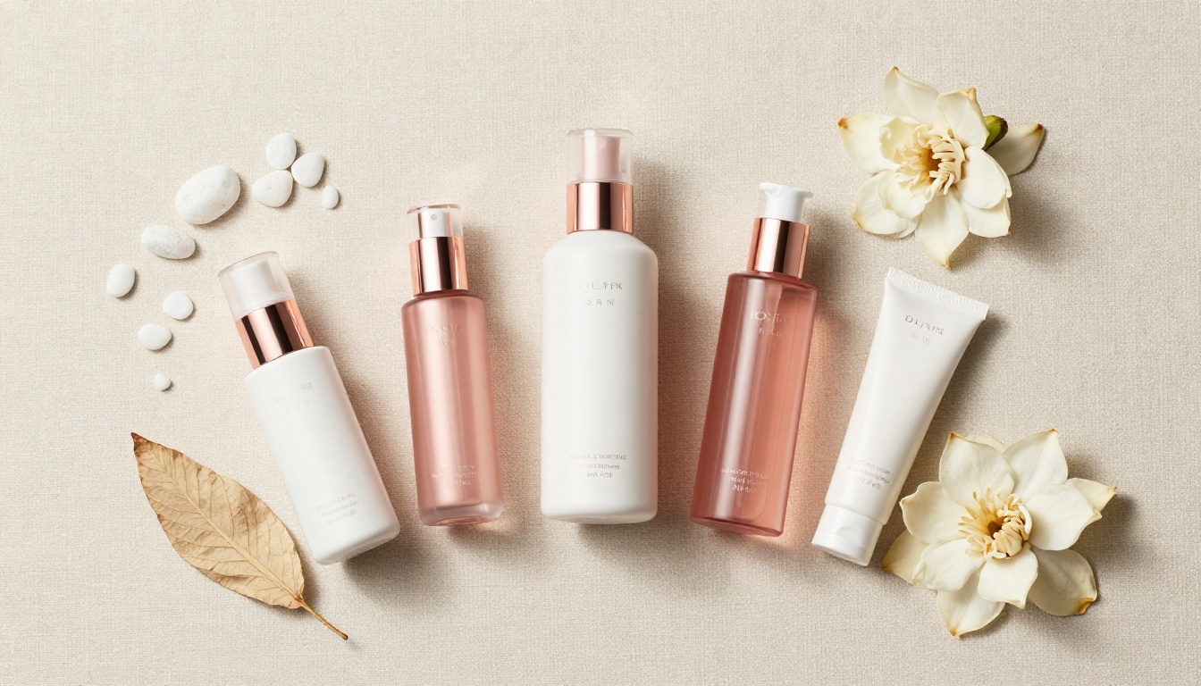 Flat-lay product arrangement with cosmetics and botanicals Flat-lay product arrangement with cosmetics and botanicals
