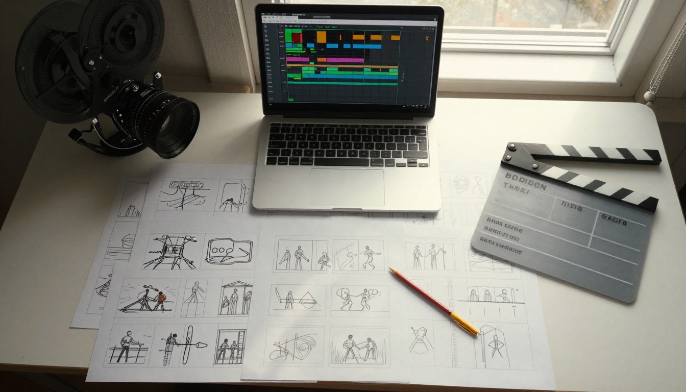 Director's workstation with storyboards and video timeline