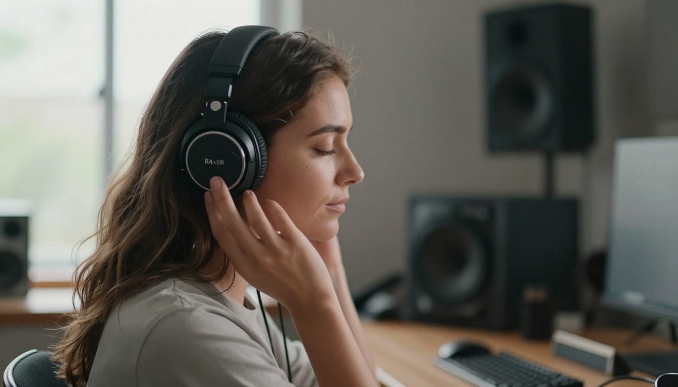 Woman with headphones listening in home studio