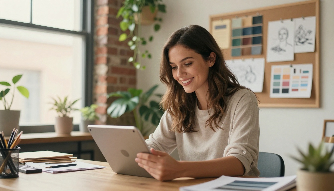 Woman working creatively at a desk with product samples and mood board Woman working creatively at a desk with product samples and mood board