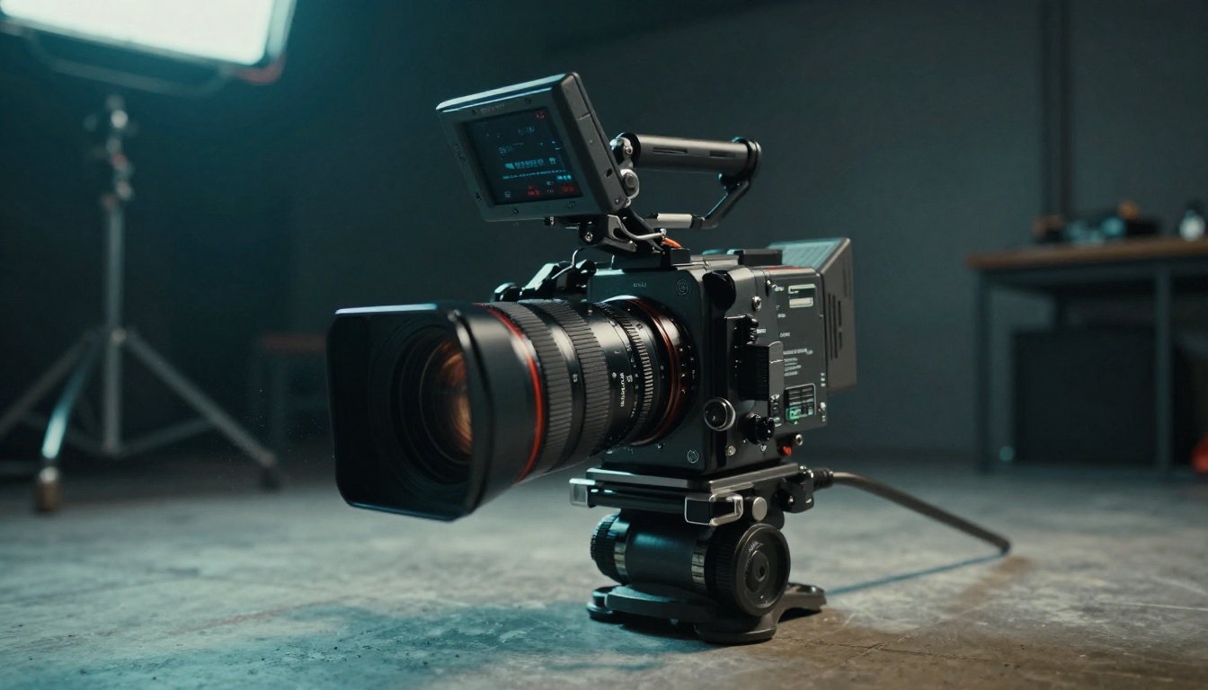 Cinema camera on tripod in professional film studio
