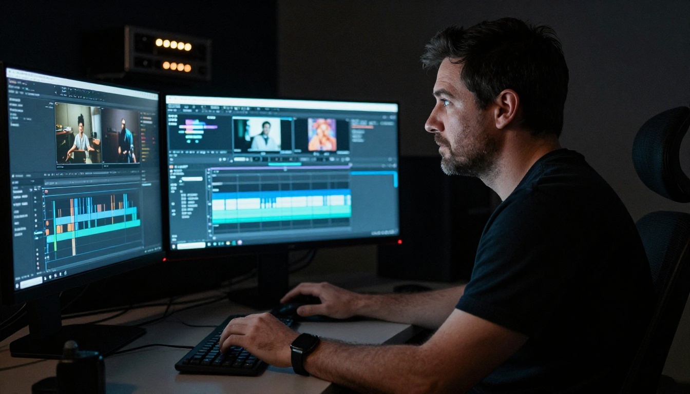 Video producer at dual-monitor edit suite