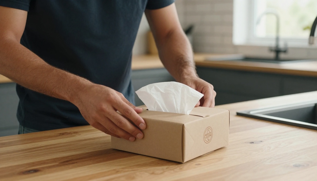 Man unboxing premium subscription box in modern kitchen