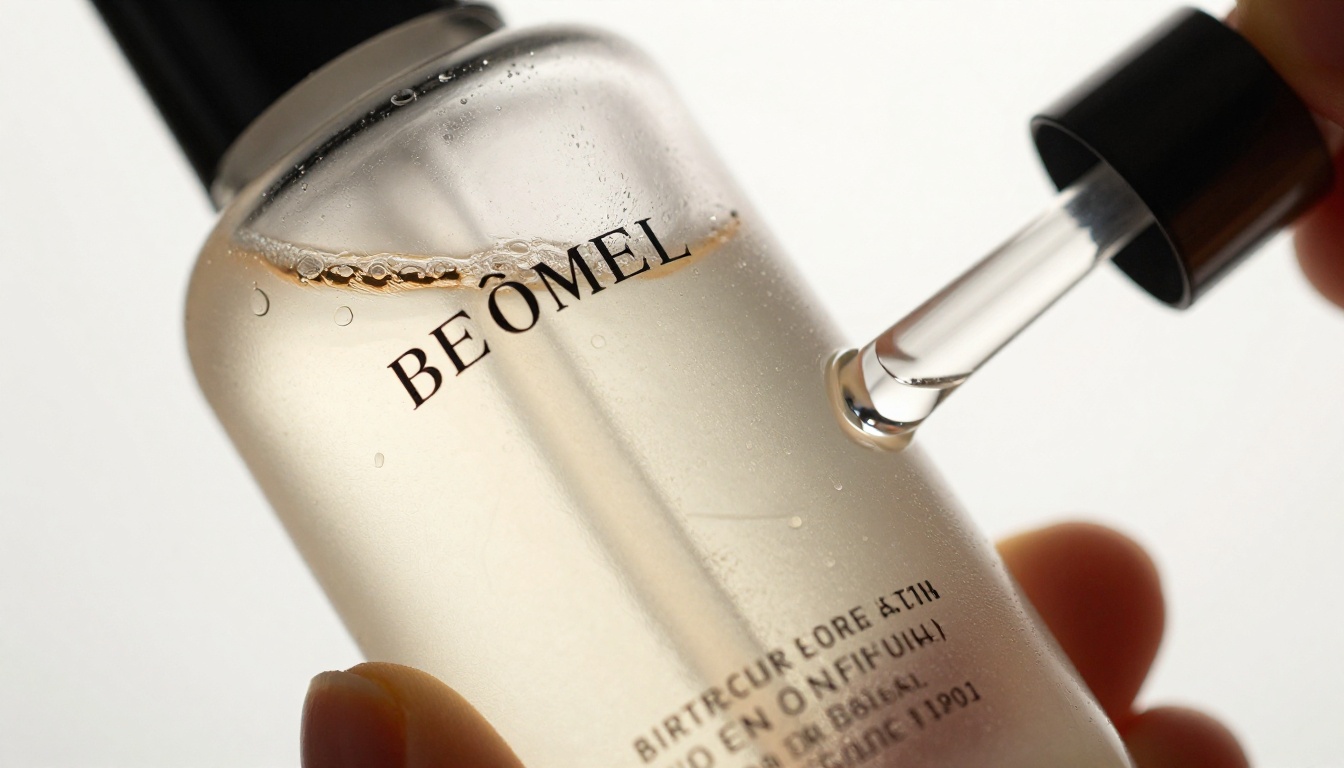 Close-up product serum bottle with light refracting through glass