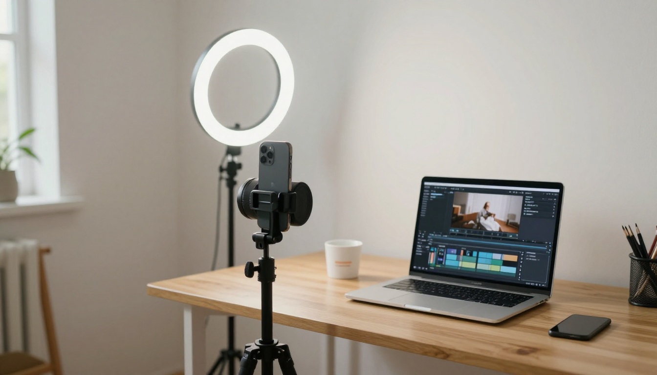 Home studio product photography setup with phone and laptop