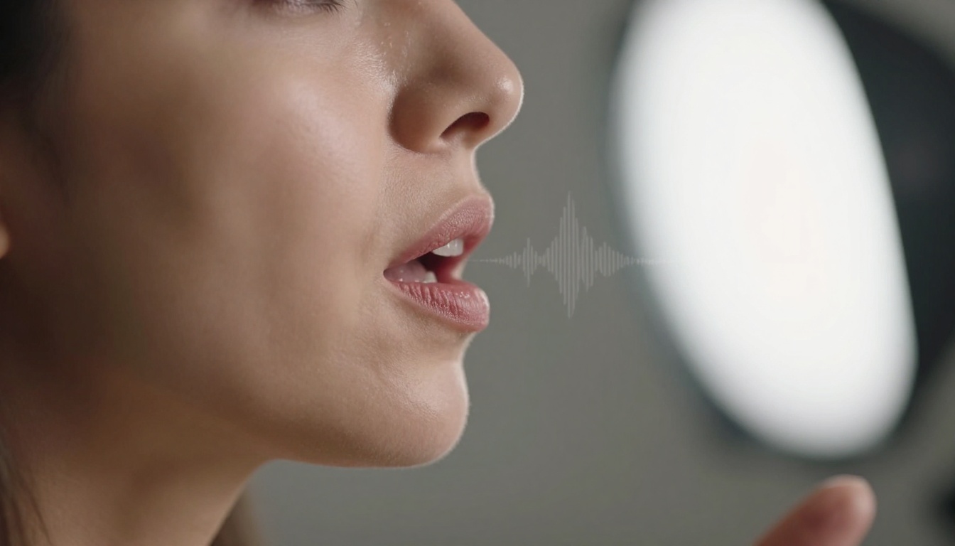 Woman's lips in profile with audio waveform in background