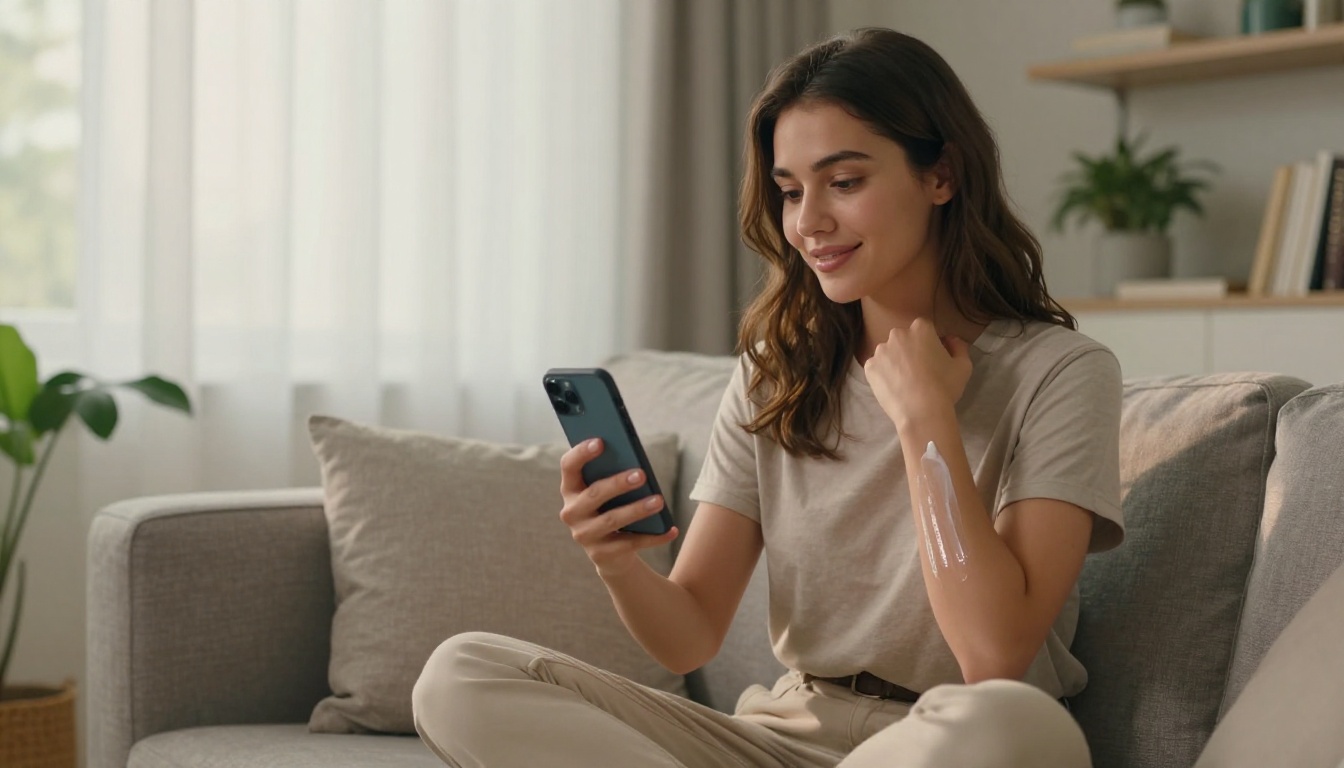 Young woman watching product video on smartphone at home