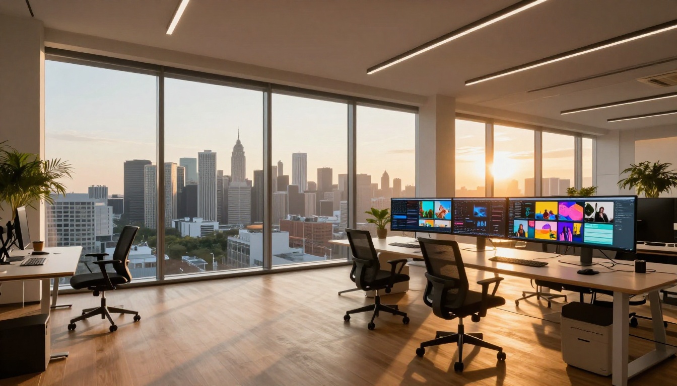 Modern tech creative workspace with city skyline at golden hour