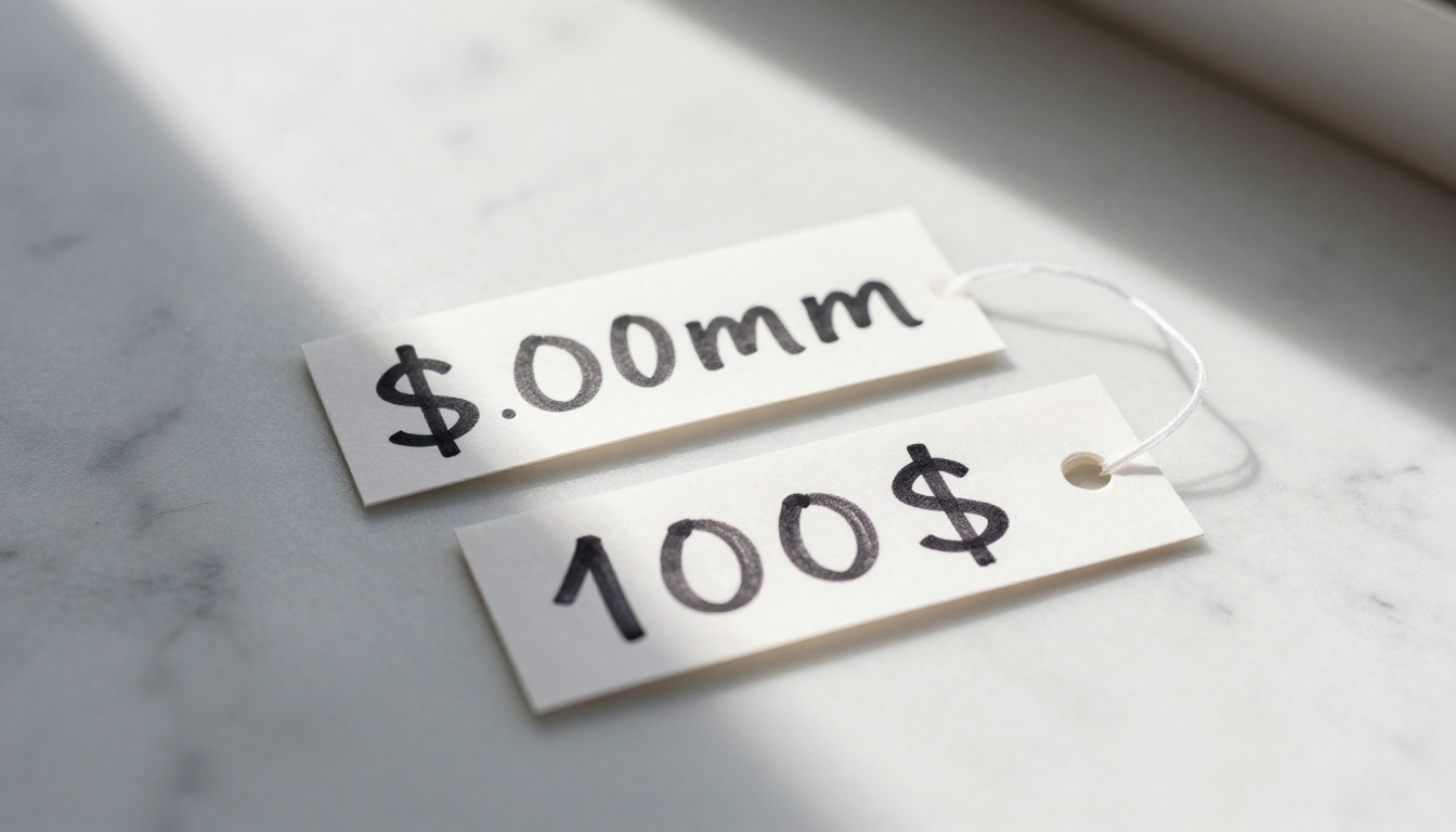 Two price tags on Carrara marble surface, morning daylight, macro product photography Two price tags on Carrara marble surface, morning daylight, macro product photography