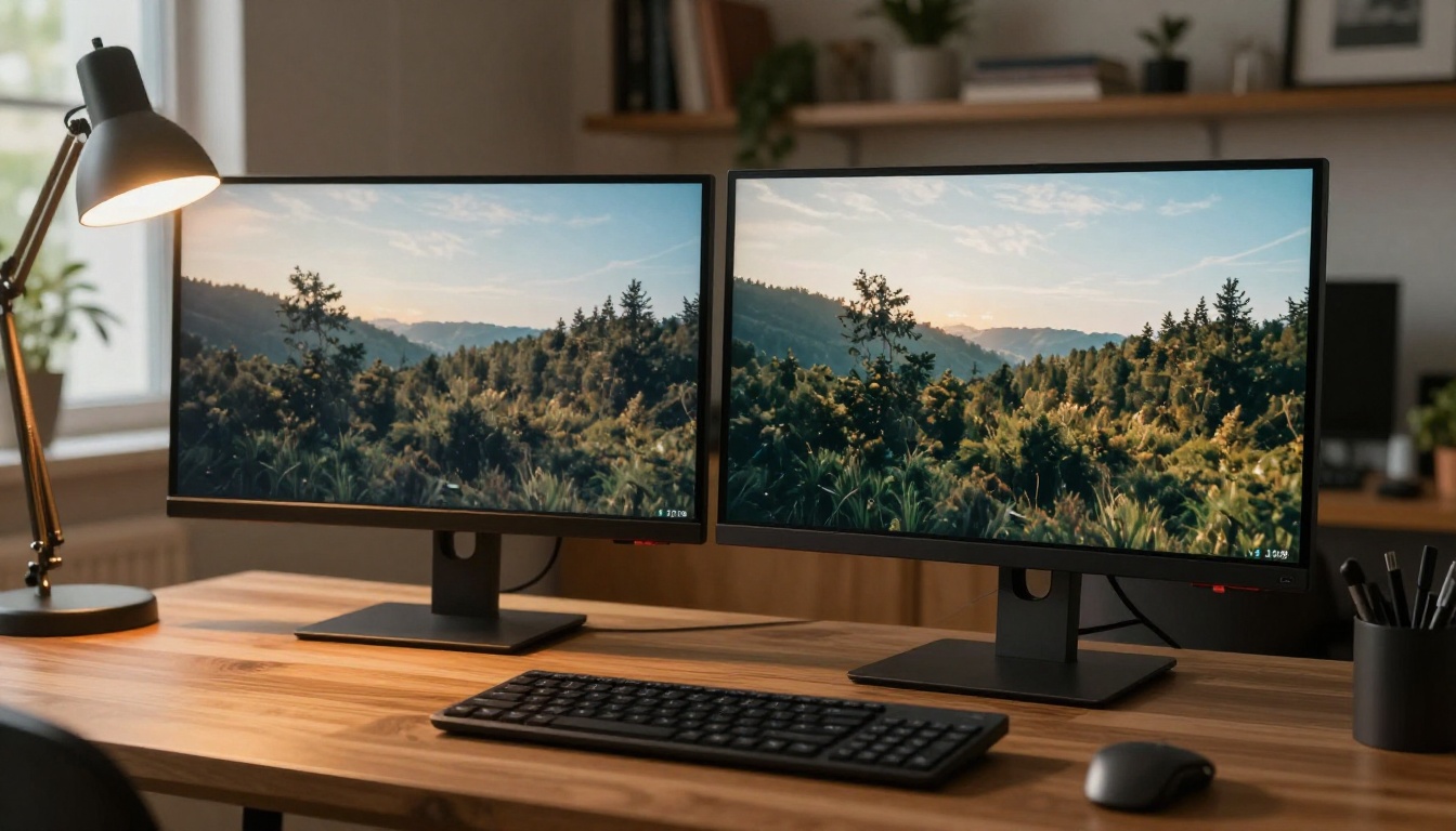 Two professional monitors showing the same footage at different video quality levels, warm studio lighting, cinematic photography Two professional monitors showing the same footage at different video quality levels, warm studio lighting, cinematic photography