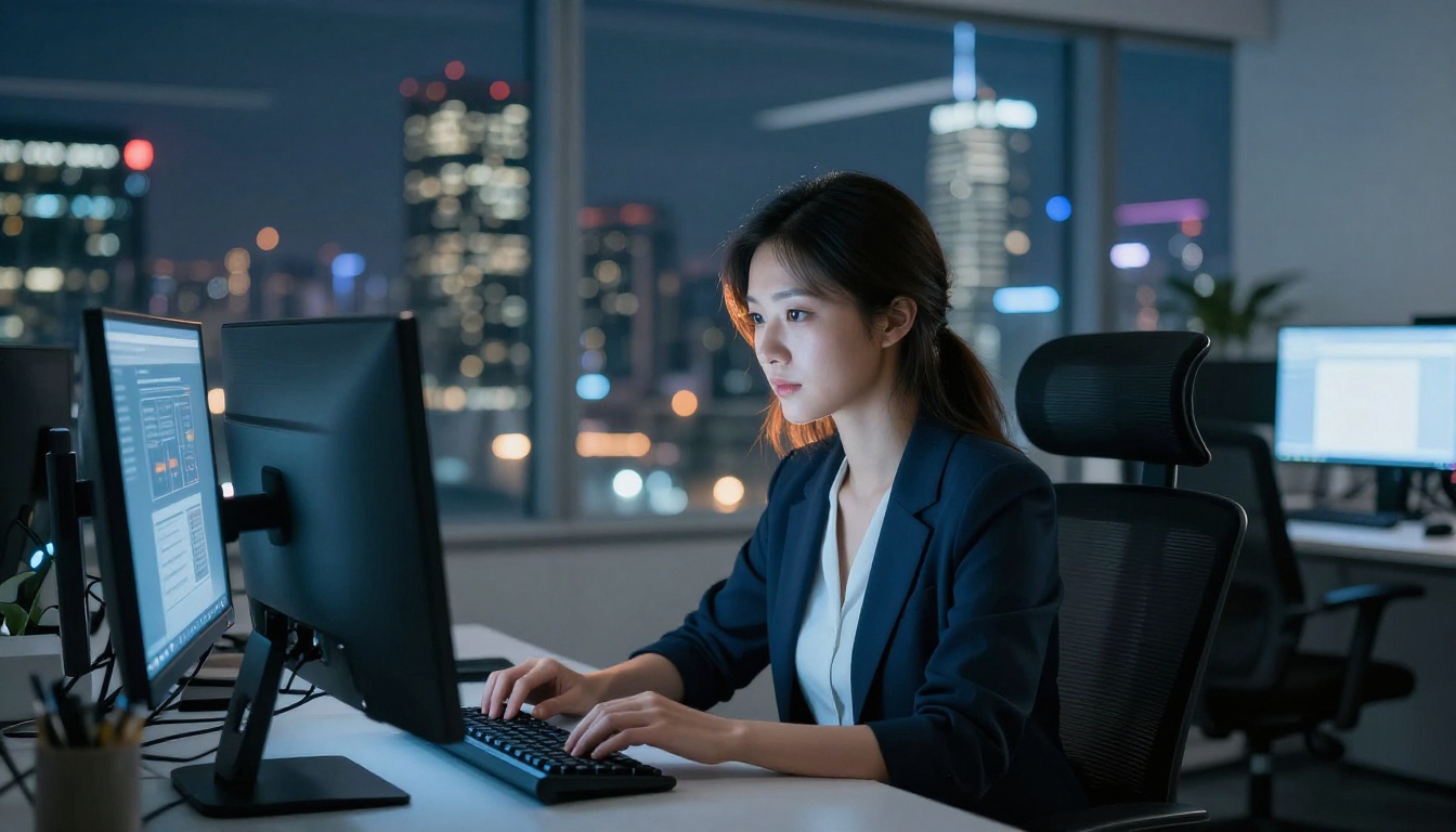 Young Asian woman working at workstation at night, screen glow on face, city skyline background, 85mm portrait lens bokeh Young Asian woman working at workstation at night, screen glow on face, city skyline background, 85mm portrait lens bokeh