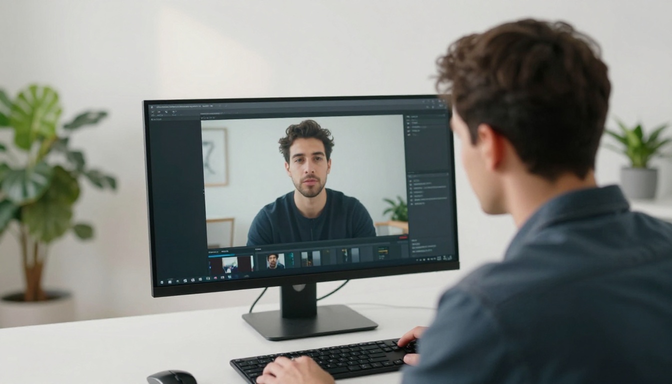 Male creative director reviewing video on 4K monitor in minimalist white studio, overhead natural light, 50mm lens professional photography Male creative director reviewing video on 4K monitor in minimalist white studio, overhead natural light, 50mm lens professional photography