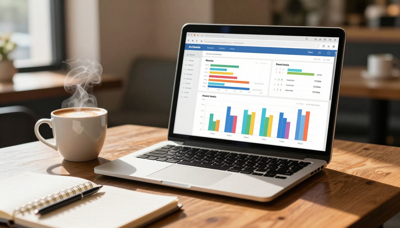 Laptop with pricing bar chart dashboard, coffee mug, morning sunlight, professional lifestyle photography Laptop with pricing bar chart dashboard, coffee mug, morning sunlight, professional lifestyle photography