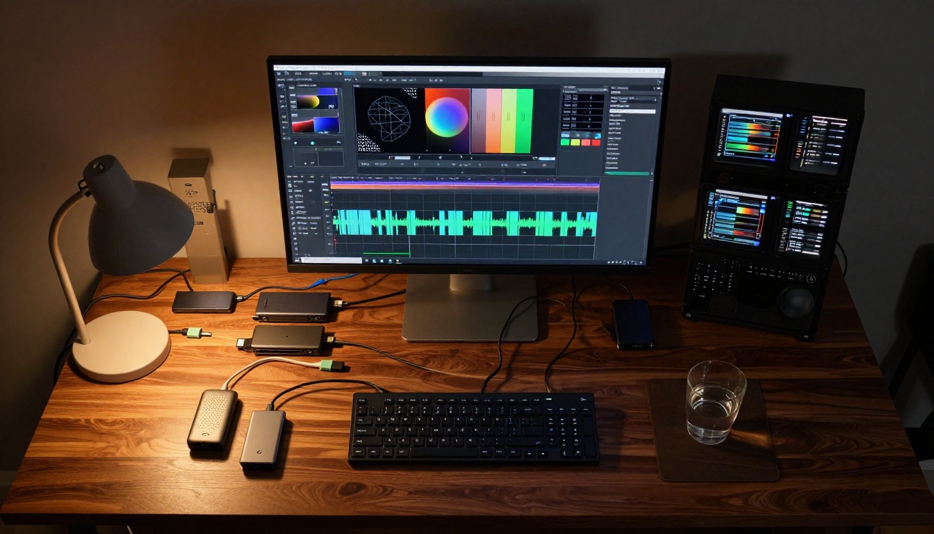 Top-down aerial shot of video editing desk with SSDs, color grading monitor, walnut wood surface, golden lamp light overhead photography Top-down aerial shot of video editing desk with SSDs, color grading monitor, walnut wood surface, golden lamp light overhead photography